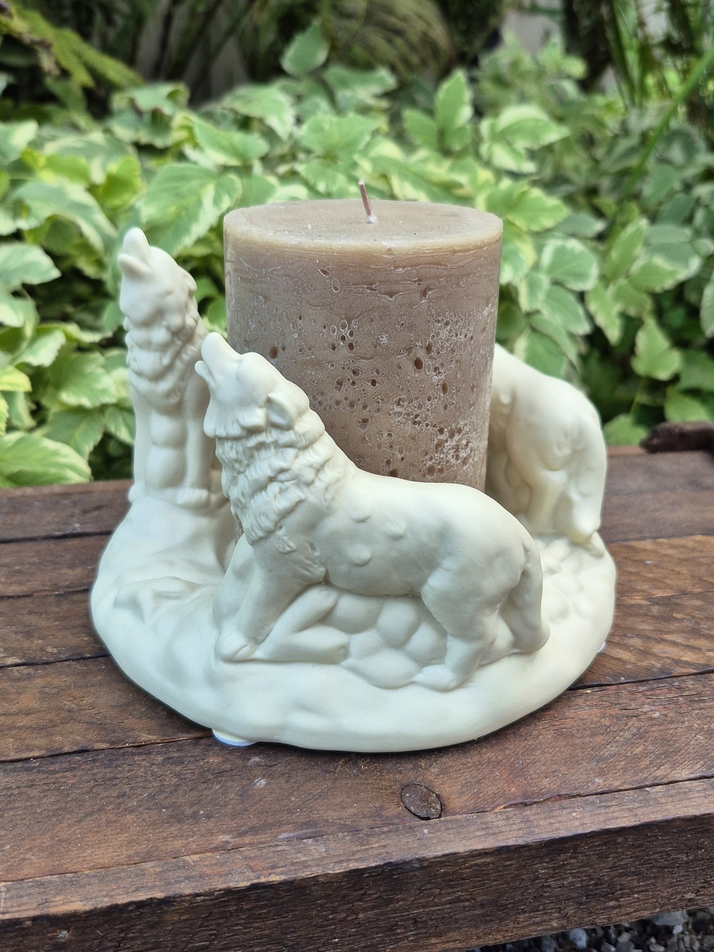 Rough Ceramic Wolf Pack Candle Base - Rustic Cabin Wildlife Decor